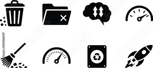 Black solid icons set featuring trash bin deleted folder brain processing speed gauge broom sweep recycling symbol and rocket launch ship
