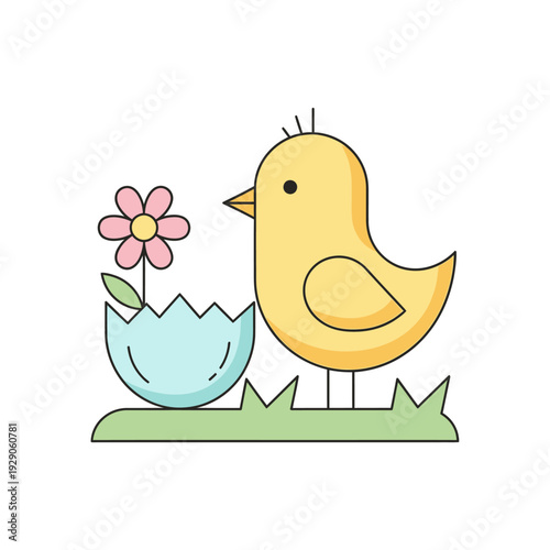 Cute flat vector illustration of a yellow chick next to a broken eggshell with a blooming pink flower, symbolizing spring, new life, and Easter holiday themes