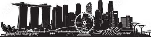 Singapore Skyline Silhouette Vector Illustration with Marina Bay Sands and Merlion