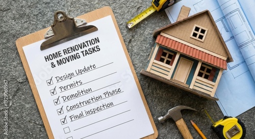 Clipboard with a home renovation checklist, a small cardboard model house, and various construction tools are neatly arranged on a textured stone surface, symbolizing planning and execution