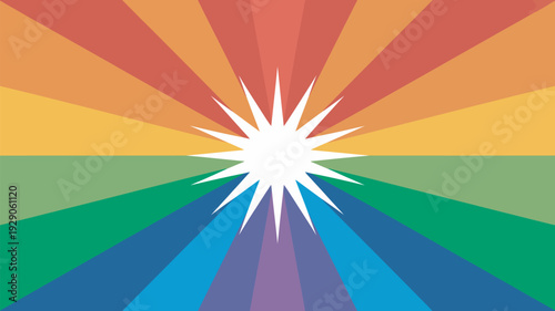 A vibrant rainbow-colored sunburst graphic with a white center and multicolored rays