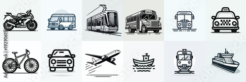 Line art icons of various types of public transportation. Vector, flat, illustration, minimalist, icon, icon set