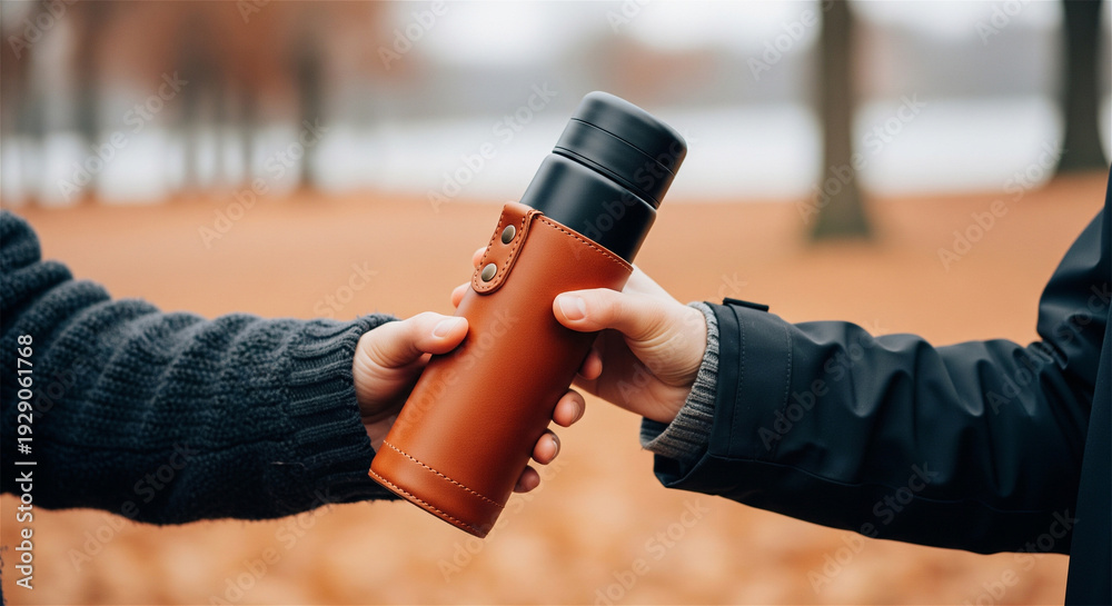 Naklejka premium Leather thermos flask passed between two hands, insulated travel mug in autumn park, hot drink container for outdoor hiking