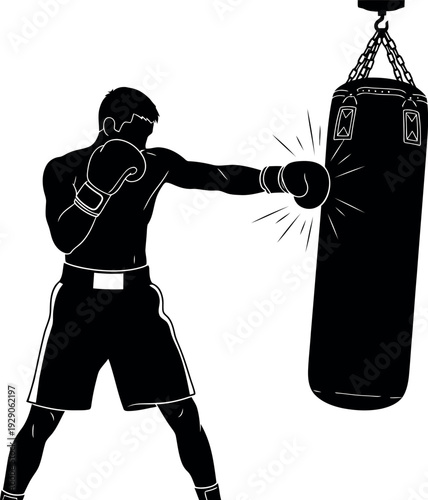Silhouette of a person boxing with a heavy bag