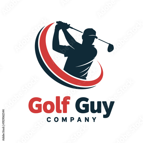 Golf guy company logo with golfer silhouette and red swoosh