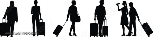 Business travelers silhouette walking with luggage, airport travel concept, tourism journey, commuting people, modern transportation lifestyle illustration