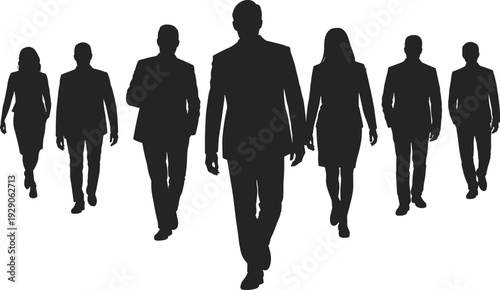 Confident business team silhouettes walking forward together leadership success corporate unity professional workforce concept isolated white background studio illustration diversity