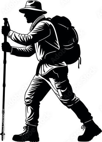 Silhouette of a hiker with backpack and trekking pole