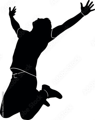 Silhouette of a person jumping up with arms raised in air