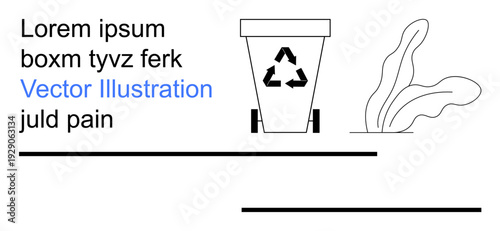 Sustainability, waste management, eco-consciousness, environmental theme, minimalistic design, recycling practices. A recycling bin with a symbol next to a decorative abstract leaf. Sustainability