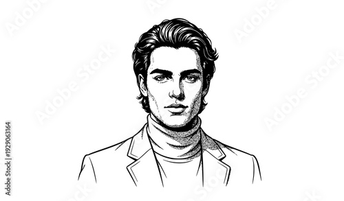 Black and White Vector Portrait of Confident Young Man with Wavy Hair and High Collar Jacket