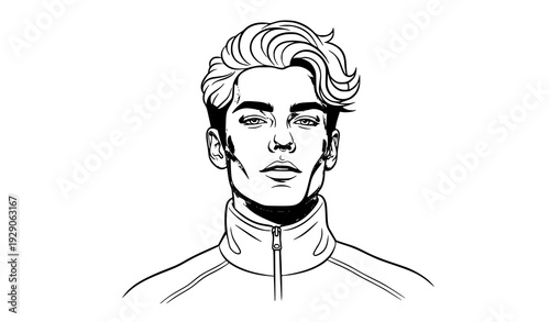 Monochrome Line Art Portrait of Stylish Young Man in High Collar Jacket Isolated on White