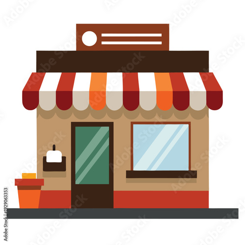 Vibrant flat design illustration of a welcoming retail store exterior with striped awning