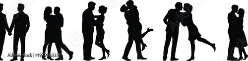 Romantic couple silhouettes set showing love affection relationships kissing hugging poses isolated on white background illustration design vector collection art