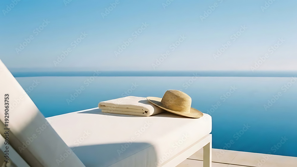 Fototapeta premium Sun hat towel on lounger by infinity pool with ocean view, serene summer relaxation scene
