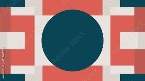 A vibrant geometric pattern featuring a large dark blue circle surrounded by red, white, and blue squares and rectangles