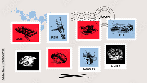 Japanese food hand drawn postage stamp background. Asian cuisine collage for menu, poster, branding. Vintage sketch sushi vector illustration.