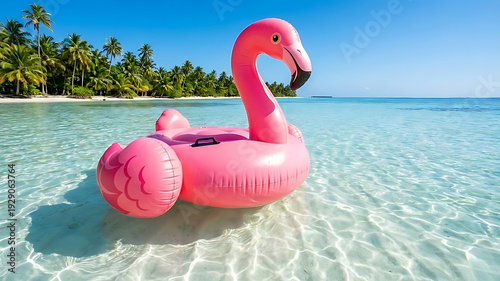 Pink inflatable flamingo float on clear tropical shallow water with palm trees and bright sky, joyful summer scene