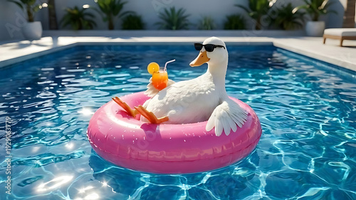 Duck wearing sunglasses relaxing on pink inflatable ring with cocktail in sunny backyard pool, playful summer vibe