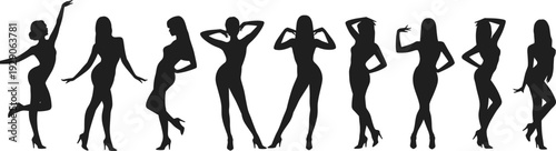 Stylish female silhouettes posing confidently in high heels, fashion model lineup, elegant body shapes, modern minimal vector illustration isolated, white
