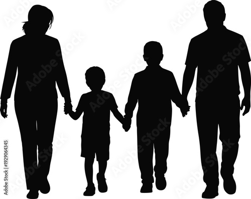 Family silhouette, holding hands parents children walking together isolated on white background symbol love unity protection care safety bonding togetherness