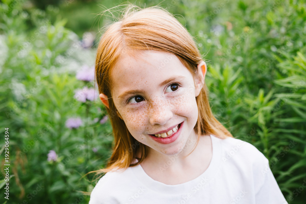 custom made wallpaper toronto digitalHappy red hair girl with freckles outside by field of purple flowers