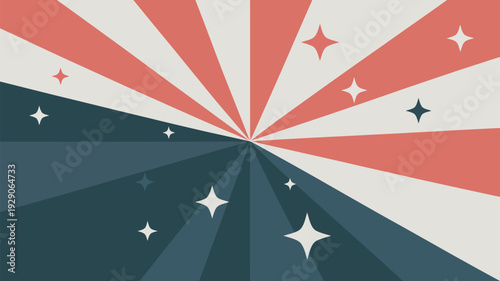 A vibrant and dynamic illustration of red, white, and blue rays and stars exploding from a central point.