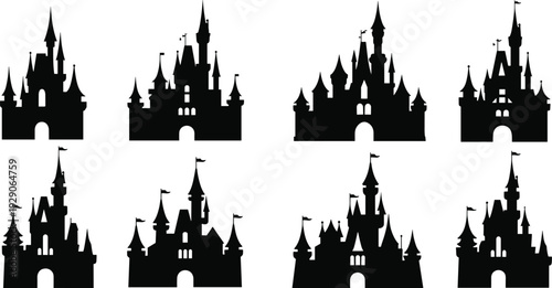 Fantasy castle silhouettes set, medieval fairytale fortress collection, black castle icons, royal palace skyline, magical kingdom architecture illustration