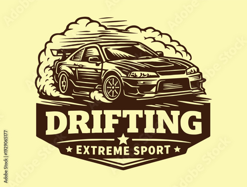 Vintage emblem featuring a powerful sports car drifting through smoke.