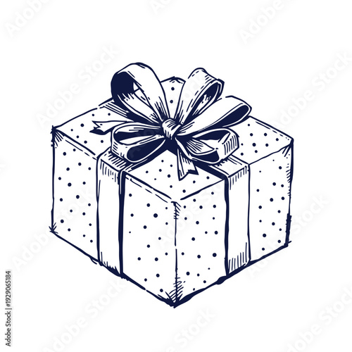 A beautifully illustrated sketch of a gift box with a large decorative bow on top