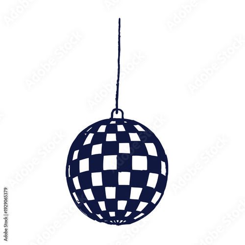 A simple illustrative depiction of a dark blue disco ball hanging from a thin string