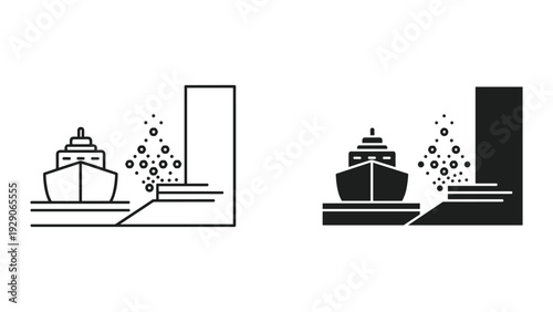 Modern cargo ship sailing through industrial waterway with bubbles