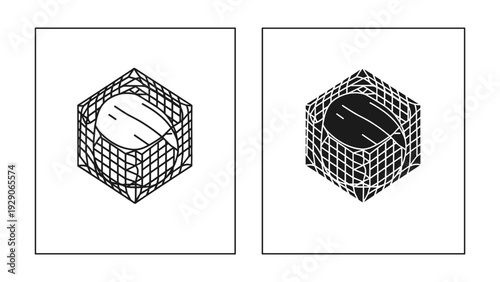 Wireframe 3D cube with oval cutout in modern geometric style