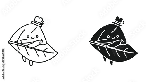 Cute cartoon leaf character with crown icon set