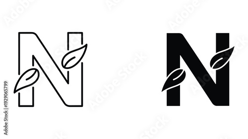 Modern letter N logo designs with leaf elements in black and white