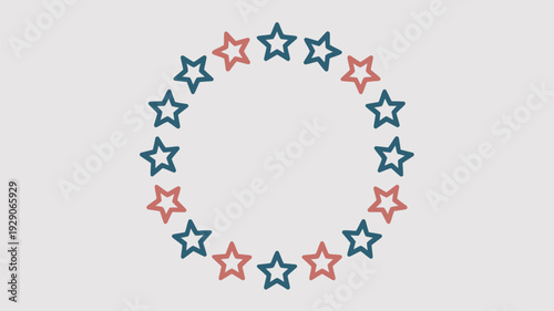 A circular arrangement of red and blue stars on a white background