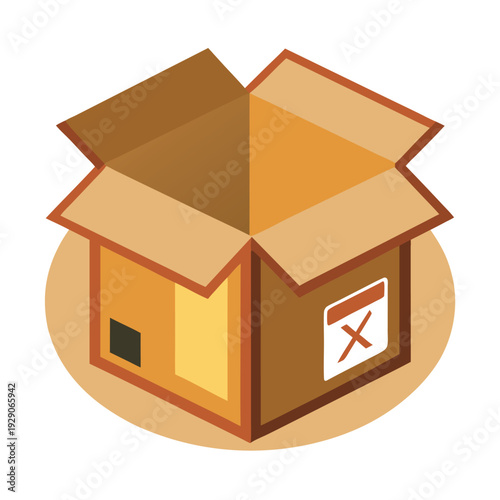 Open brown cardboard box with red cross delete icon for discarded items or removal