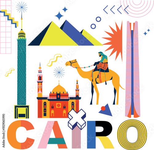 Typography word Cairo branding technology concept. Collection of flat vector web icons. Egypt culture travel set, Memphis architectures, specialties detailed silhouette. Doodle famous landmarks.