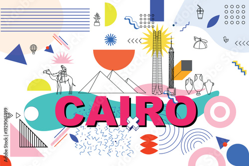 Typography word Cairo branding technology concept. Collection of flat vector web icons. Egypt culture travel set, Memphis architectures, specialties detailed silhouette. Doodle famous landmarks.