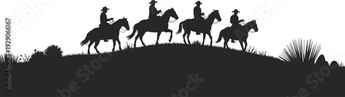 Silhouette of cowboys riding horses together on hill, western desert landscape, cowboy culture, adventure, freedom, teamwork, horizon