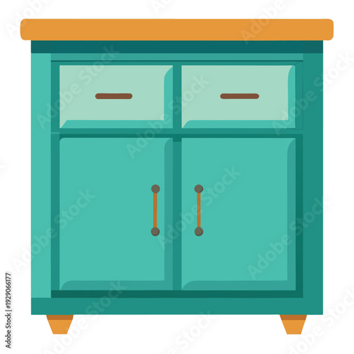 Stylish teal cabinet with two small drawers and elegant wooden top for home interior decor