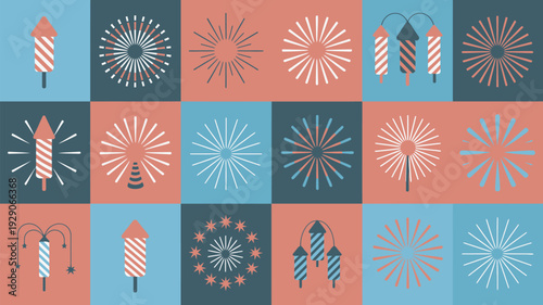 A vibrant and festive illustration of fireworks and sparklers in a colorful grid pattern for celebration and party decoration