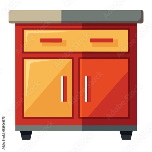 A colorful modern kitchen cabinet with drawers and doors for storage solutions