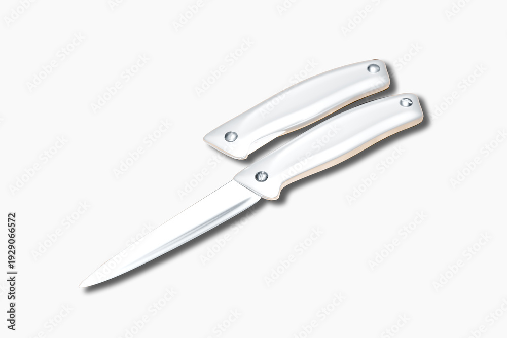 Fototapeta premium A folding knife with a silver blade and handle, lying open on a white background