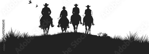 Western cowboy riders silhouette on horseback at sunset horizon, wild west adventure scene, minimalist black white landscape illustration vector art