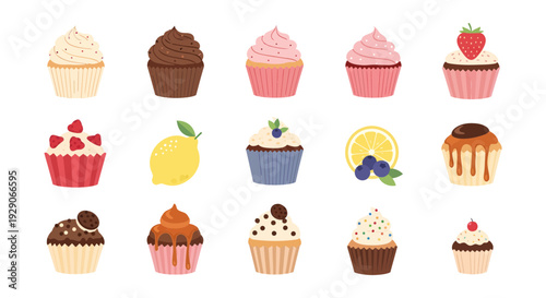 Flat Design Cupcake Icon Set with Various Fruit and Cream Toppings, Minimalist Sweet Dessert Vector Illustrations on White Background