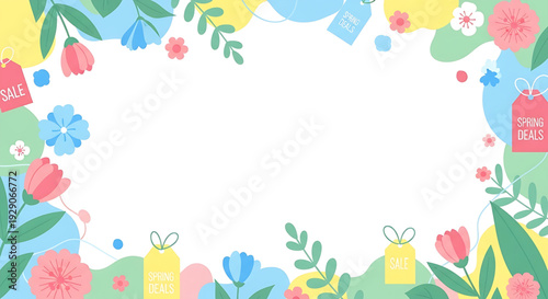 A vibrant floral frame with gift tags surrounding a blank space viewed from directly above