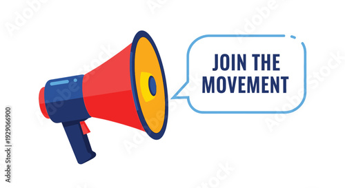 A brightly colored cartoon megaphone with a speech bubble saying join the movement