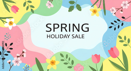 Vibrant spring flowers and lush greenery surround a central sale announcement in a colorful, abstract holiday scene from a directly overhead viewpoint.