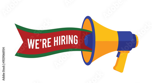 A colorful illustration of a megaphone with a we re hiring ribbon